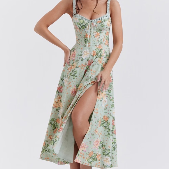 HOUSE OF CB SABRINA Midi Dress -  LIGHT JADE PRINT BUSTIER SUNDRESS -PLUS CUP - Picture 1 of 7